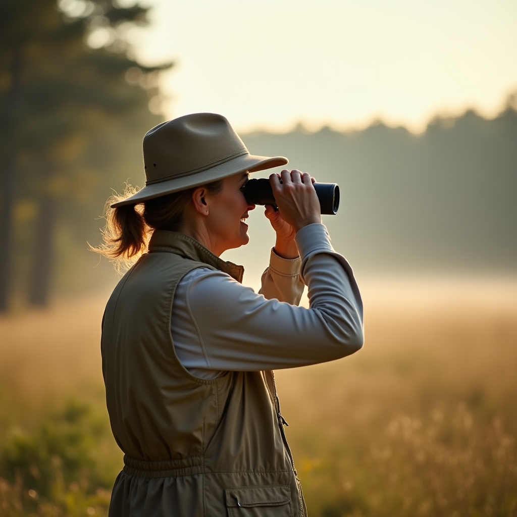 Participante observando fauna con binoculares durante actividad de naturaleza