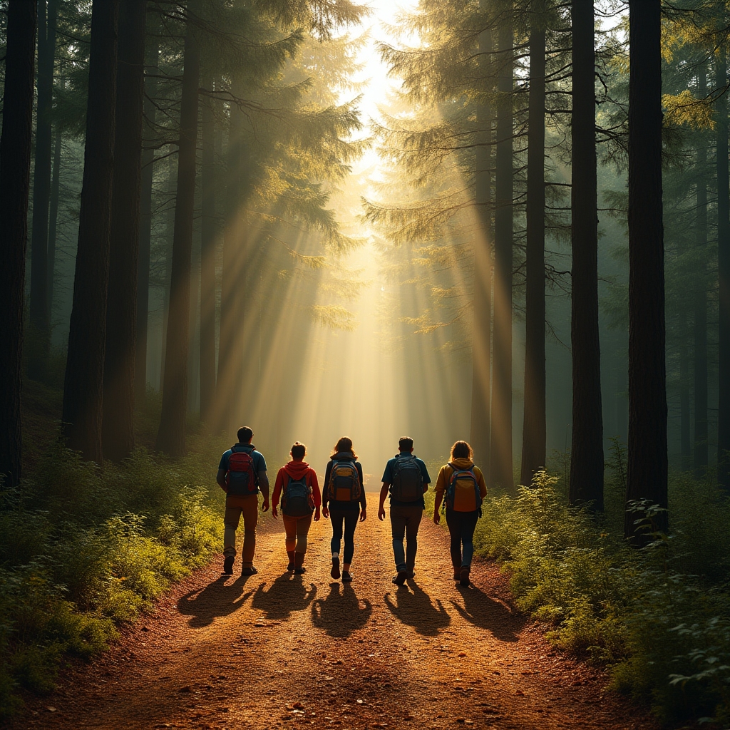 Grupo de caminantes atravesando bosque de pinos en fila