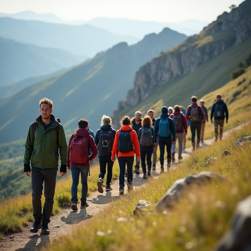 Grupo numeroso en caminata de un día por sendero de montaña con guía al frente
