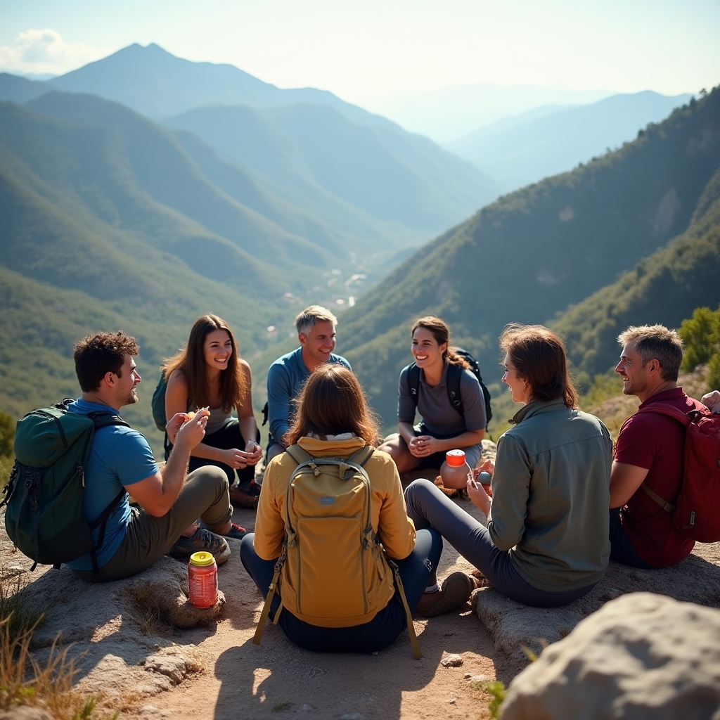 Grupo descansando durante excursión de fin de semana en sierra española