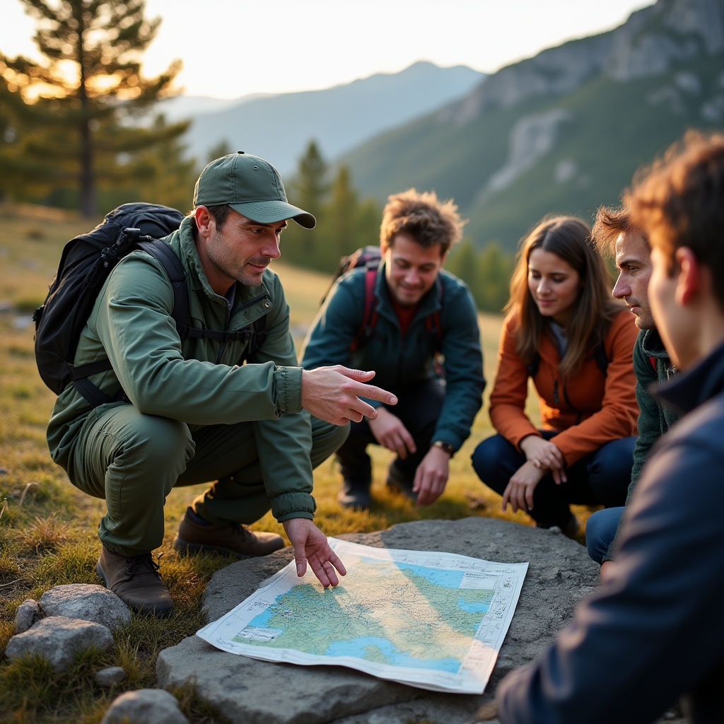 Guía explicando la ruta a un grupo de excursionistas