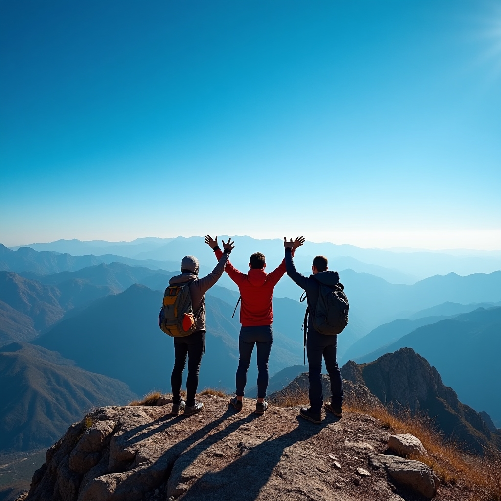 Vista panorámica desde cumbre con grupo de excursionistas en primer plano
